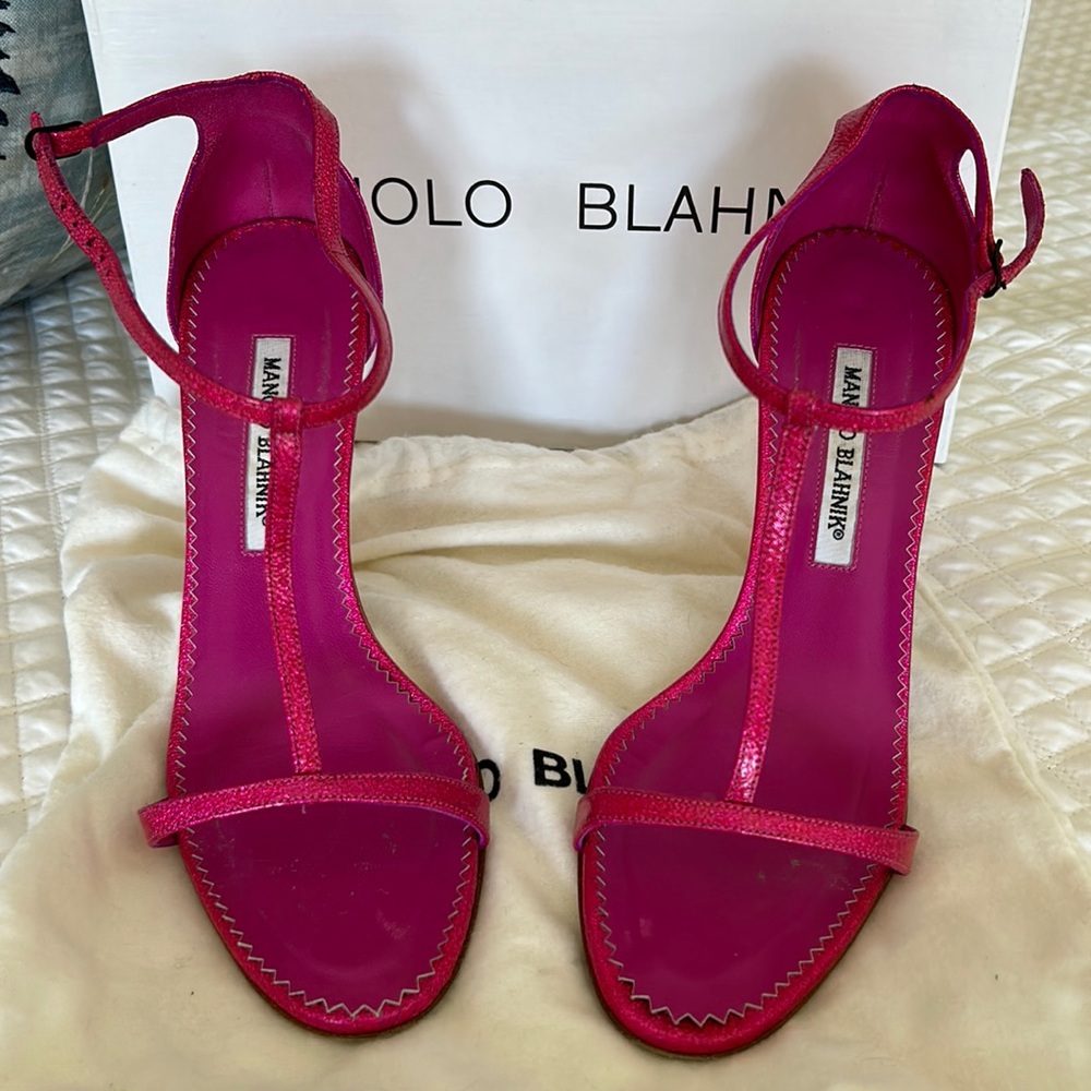 Manolo Blahnik hot pink glitter t-strap heels worn one evening dust cover & box